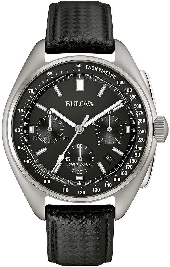 Montre Bulova pour homme avec cadran noir, tachymètre et bracelet en cuir noir