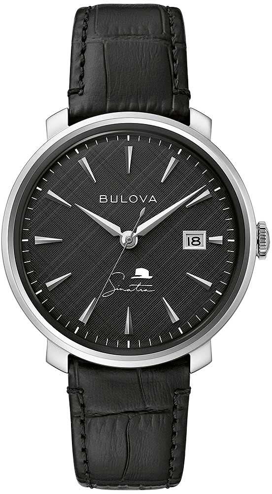 Montre Bulova pour homme avec cadran noir, boîtier argenté et bracelet en cuir noir