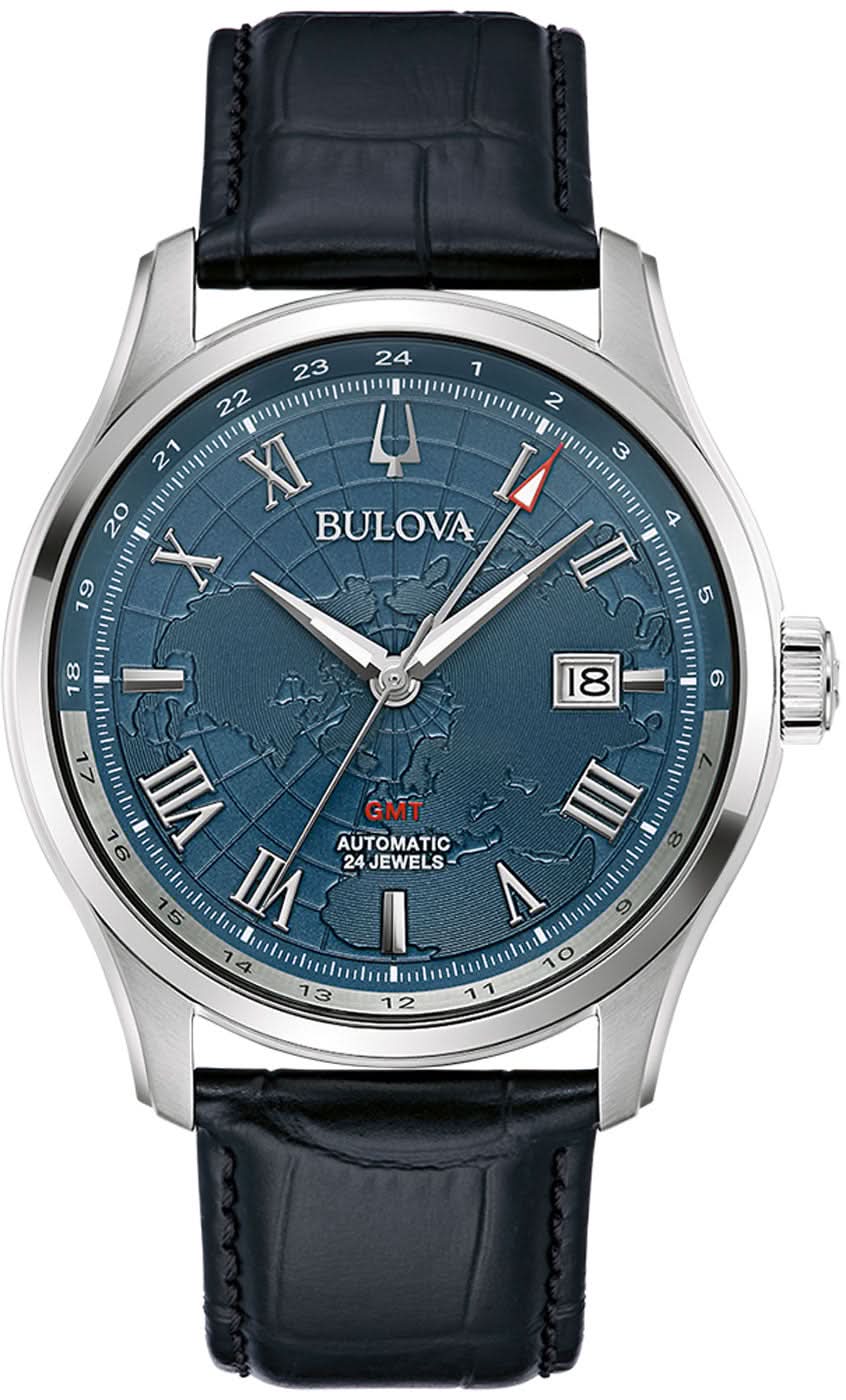Montre automatique pour homme avec cadran carte du monde bleue, boîtier argenté et bracelet en cuir noir