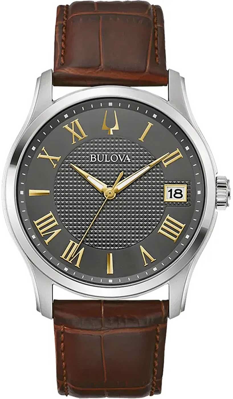 Montre homme : cadran sombre, aiguilles dorées, bracelet en cuir marron