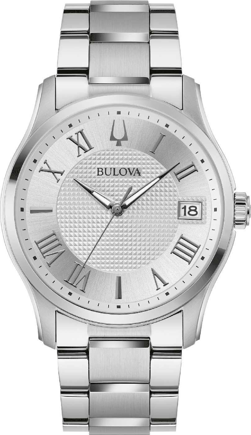Montre Bulova pour homme avec cadran argenté, chiffres romains, guichet date et bracelet en acier inoxydable