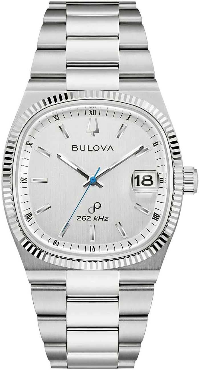 Montre Bulova pour homme avec bracelet en acier inoxydable argenté, cadran blanc et affichage de la date