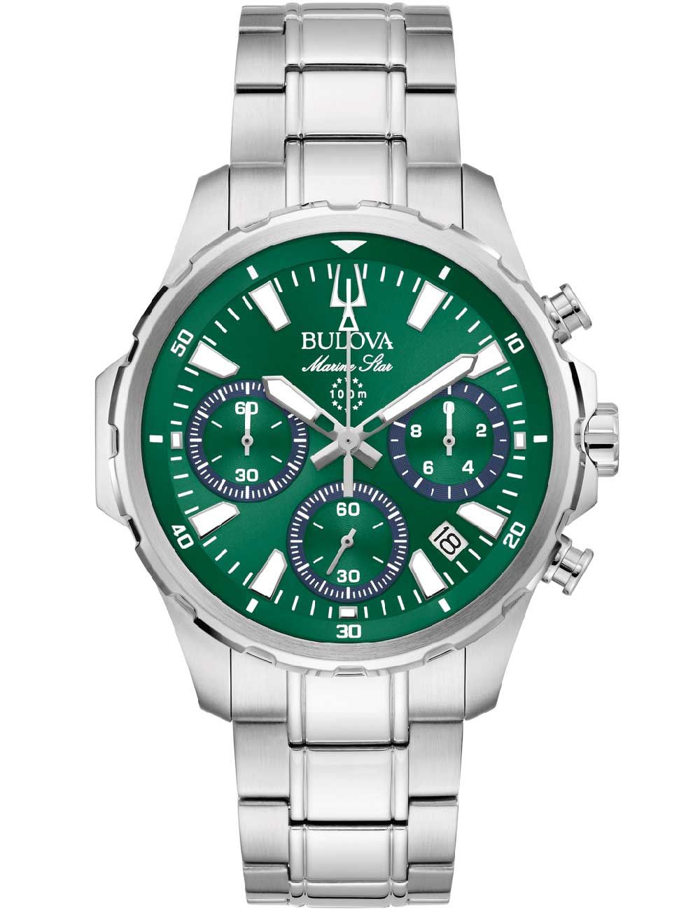 Herren-Chronograph mit grünem Zifferblatt, Stahlarmband und silberner Lünette