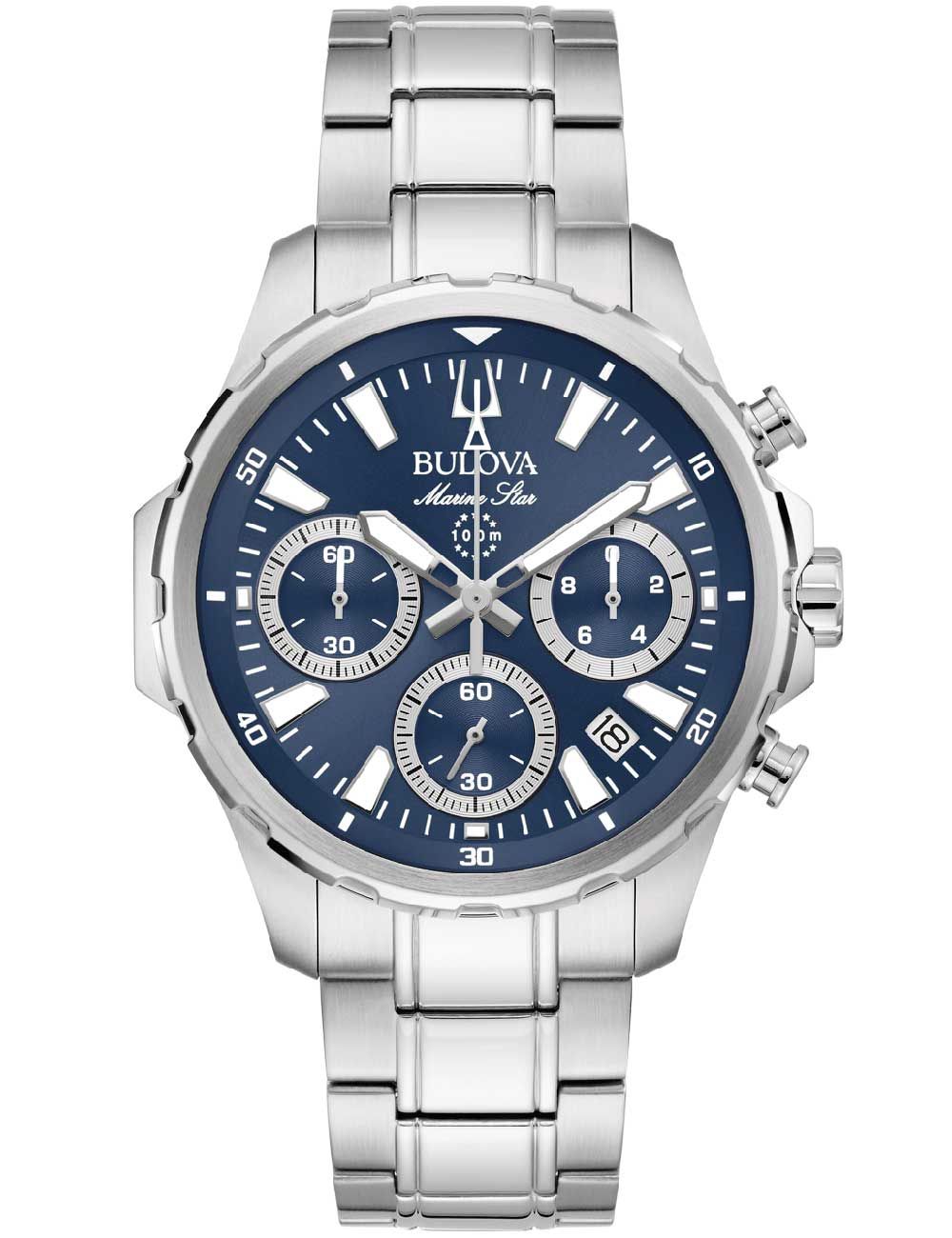 Bulova Marine Star Herrenuhr mit Chronograph, blauem Zifferblatt, Edelstahlband