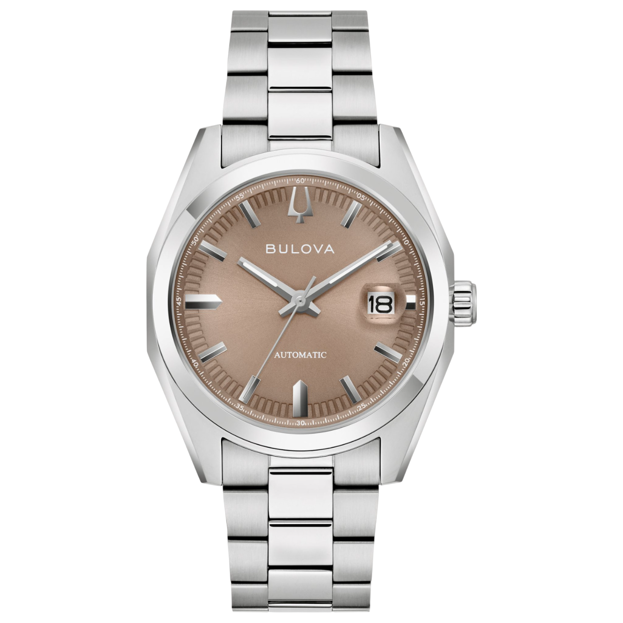 Bulova Herrenuhr mit beigem Zifferblatt, Datumsfenster und silbernem Edelstahlband.