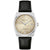 Herrenuhr mit beigem Zifferblatt, silbernem Gehäuse und schwarzem Lederband, Datumsfenster