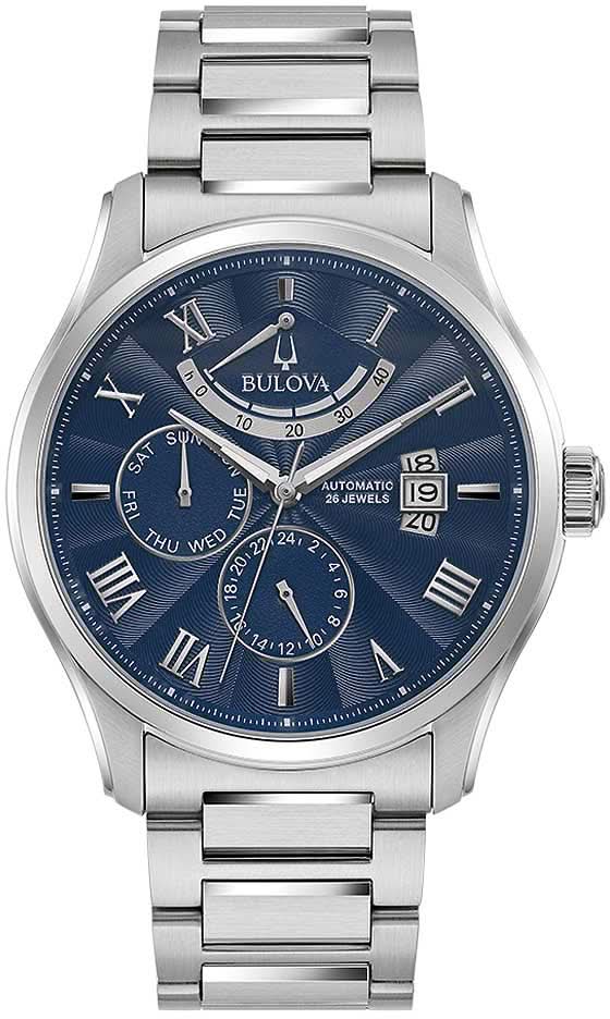 Montre automatique homme avec cadran bleu, bracelet en acier inoxydable argenté et affichage de la date