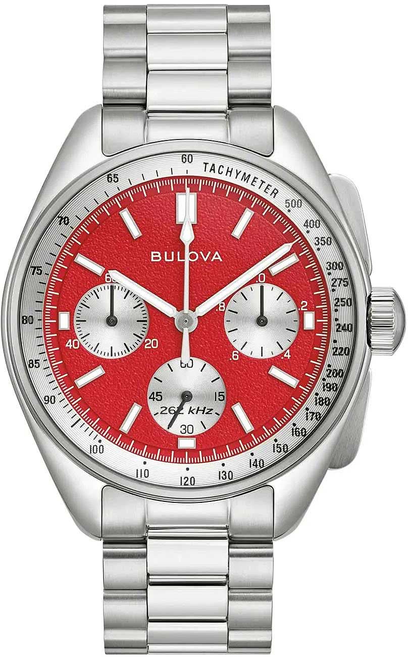 Bracelet de montre pour homme Bulova avec cadran rouge, chronographe et bracelet en métal
