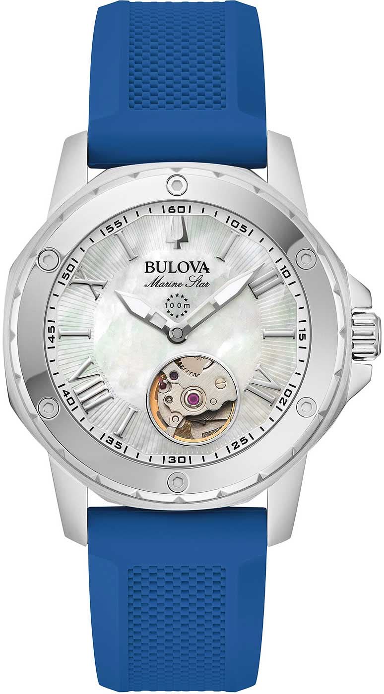 Damenuhr von Bulova mit Perlmutt-Zifferblatt, Automatik, blauem Kautschukband