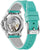 Vue arrière de la montre pour femme : boîtier argenté, mouvement automatique visible, bracelet turquoise