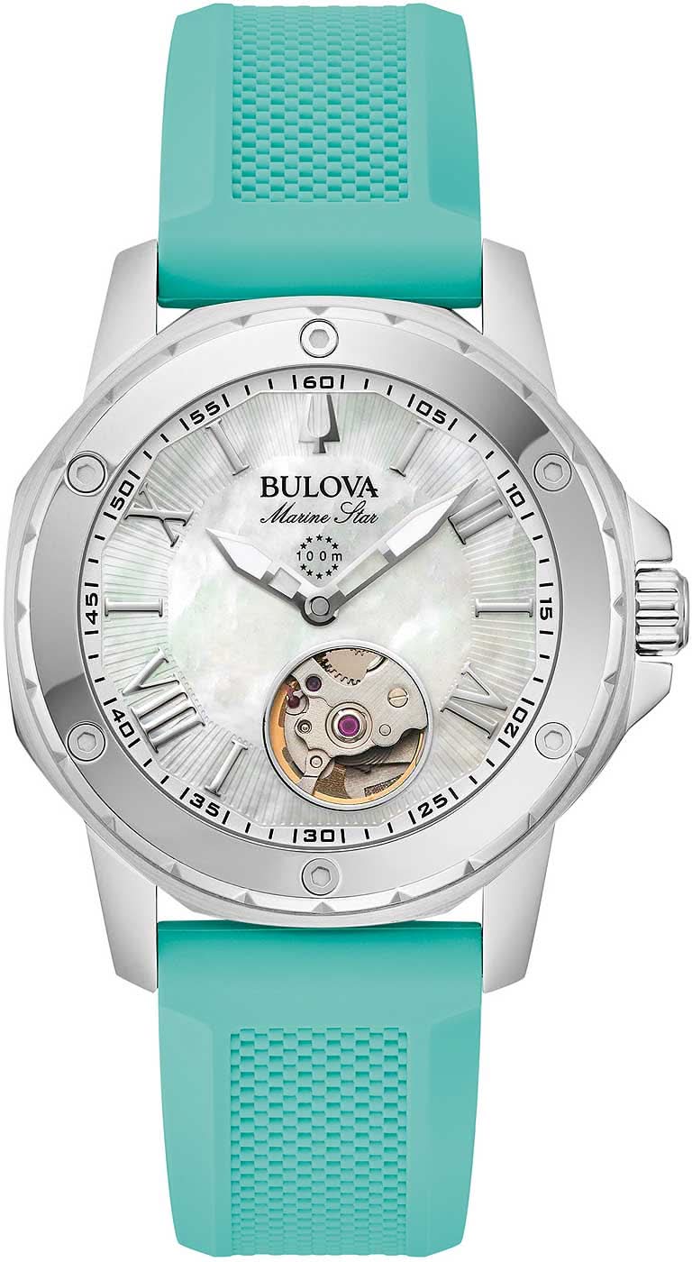 Montre pour femme : boîtier argenté, bracelet en silicone turquoise, cadran en nacre