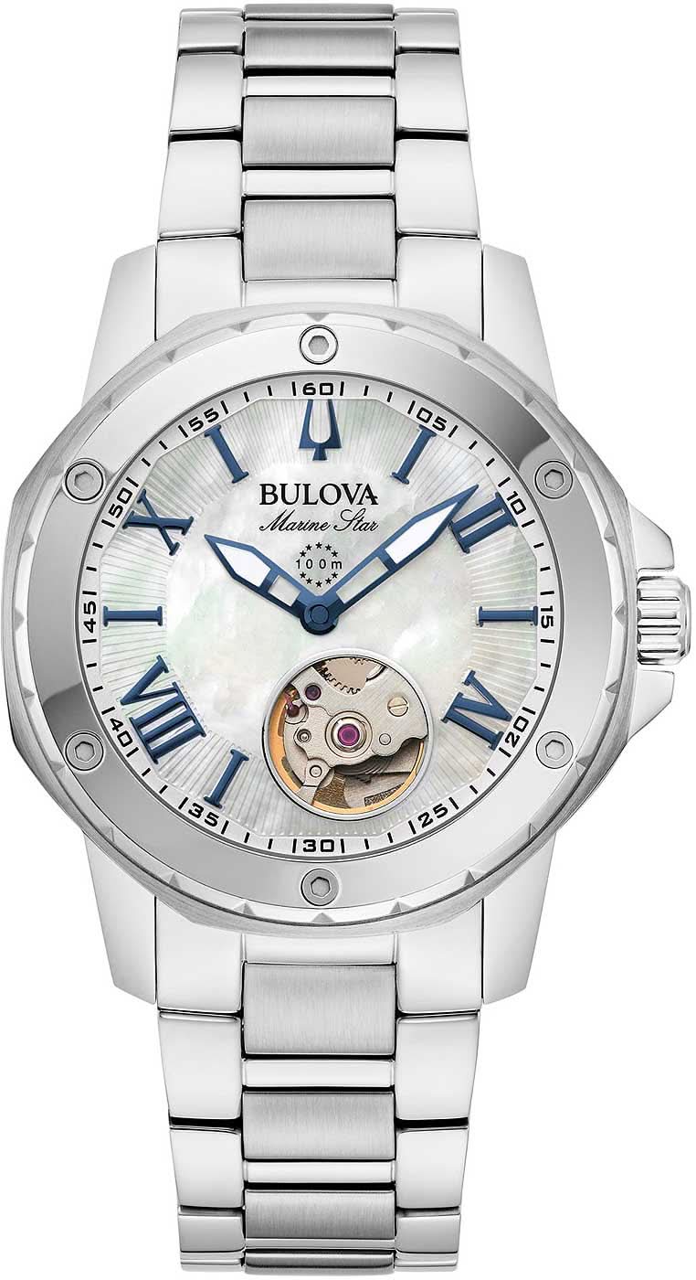 Montre Bulova pour femme avec cadran en nacre, aiguille des secondes bleue et bracelet en acier inoxydable
