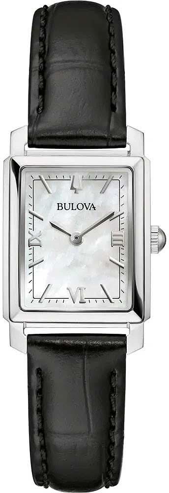 Montre Bulova pour femme avec cadran en nacre et bracelet en cuir noir, boîtier carré