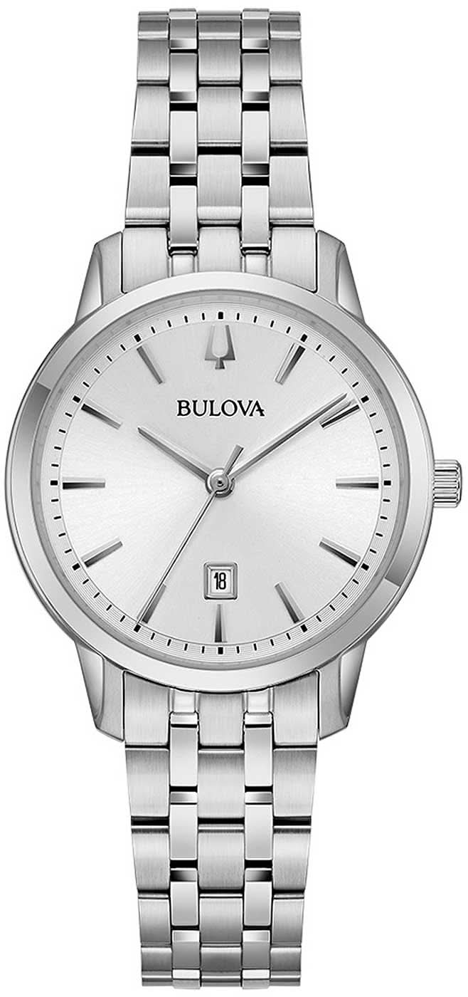 Montre Bulova pour femme avec cadran blanc, bracelet en acier inoxydable et verre bombé