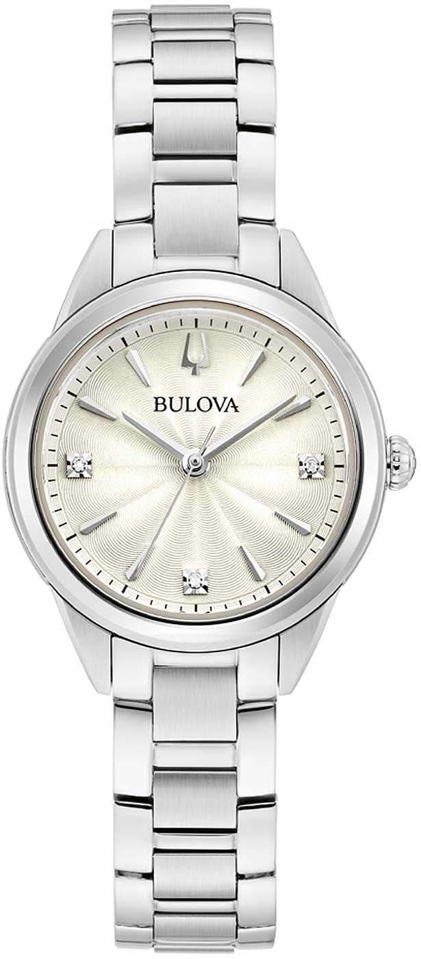 Bulova Damenuhr mit silbernem Metallarmband, rundem hellen Zifferblatt und Diamant-Details