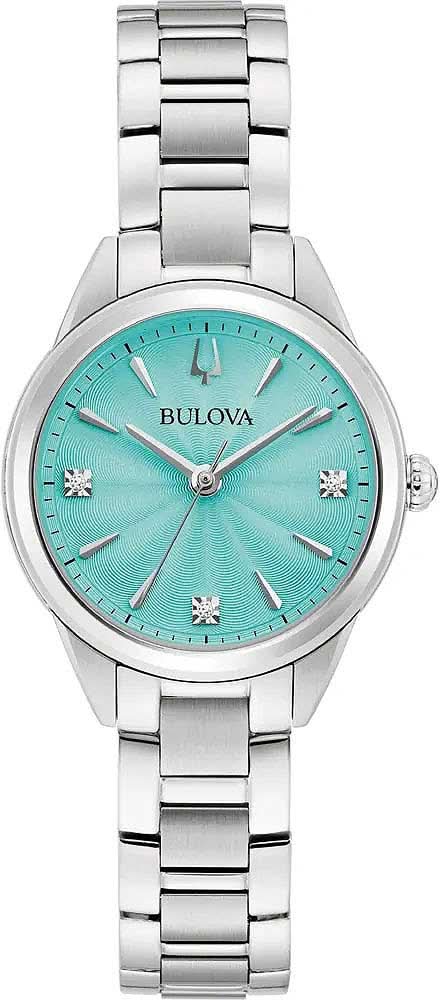 Montre Bulova pour femme avec cadran turquoise, index en diamant et bracelet en acier