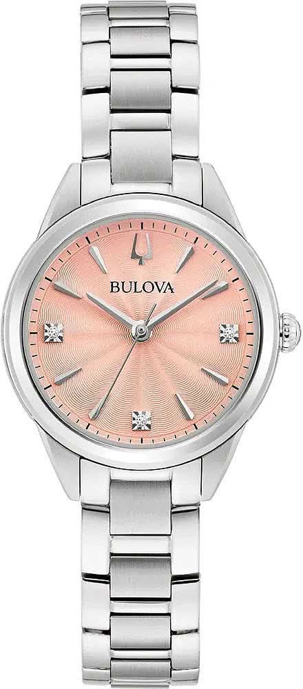 Bulova Damenuhr mit Perlmutt-Zifferblatt, Diamant-Indices und Metallarmband