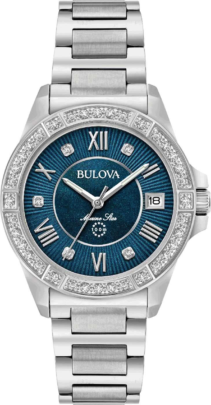 Montre pour femme avec cadran bleu, lunette en diamant et bracelet en acier, affichage de la date à 18h