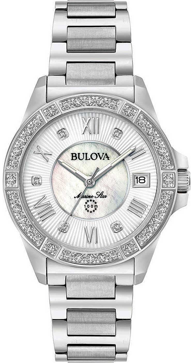 Montre pour femme avec bracelet en acier inoxydable et cadran en nacre, lunette sertie de diamants