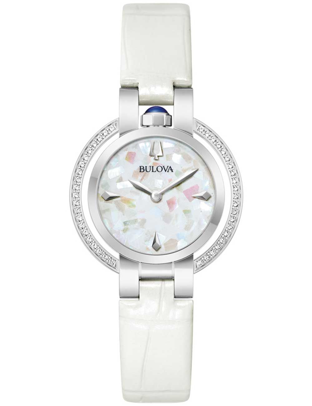 Bulova Damenuhr mit weißem Lederarmband, silbernem Gehäuse und funkelndem Zifferblatt