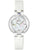 Bulova Damenuhr mit weißem Lederarmband, silbernem Gehäuse und funkelndem Zifferblatt