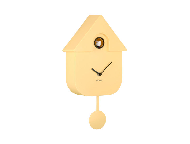Horloge murale design nichoir, boîtier jaune avec cadre en métal et balancier