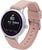 Smartwatch mit rundem Gehäuse und rosafarbenem Silikonarmband, Bedienanzeige