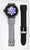 Montre connectée avec écran rond sur bracelet gris ; bracelet de rechange noir supplémentaire