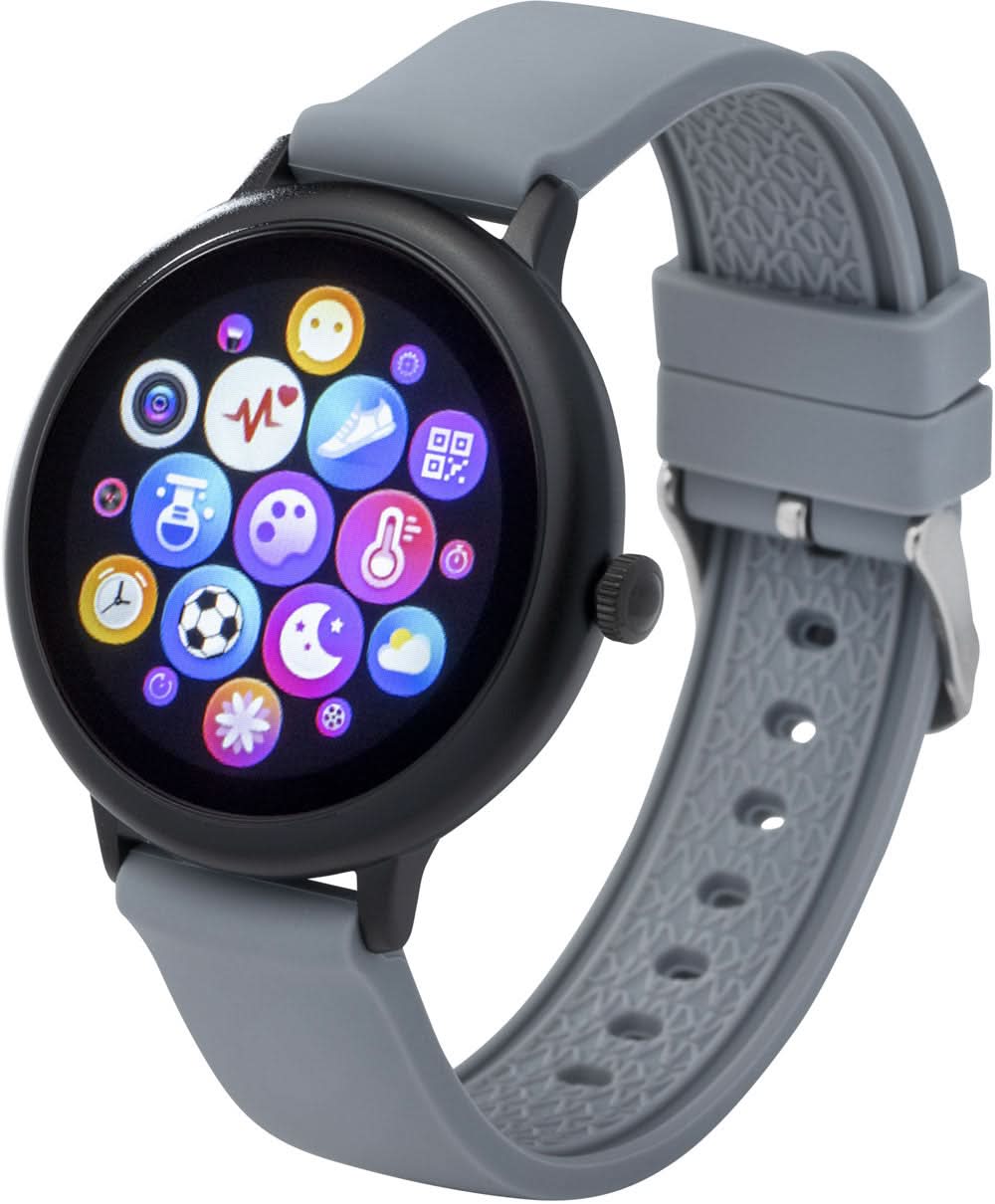 Montre connectée avec écran rond et bracelet en silicone gris, avec couronne latérale