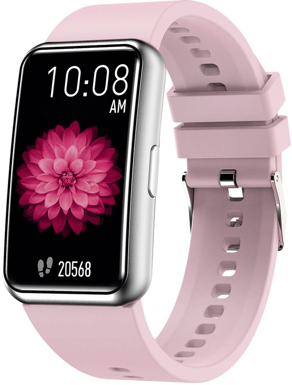Smartwatch mit rosa Silikonarmband, rechteckigem Display und Blumenmotiv.