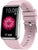 Smartwatch mit rosa Silikonarmband, rechteckigem Display und Blumenmotiv.