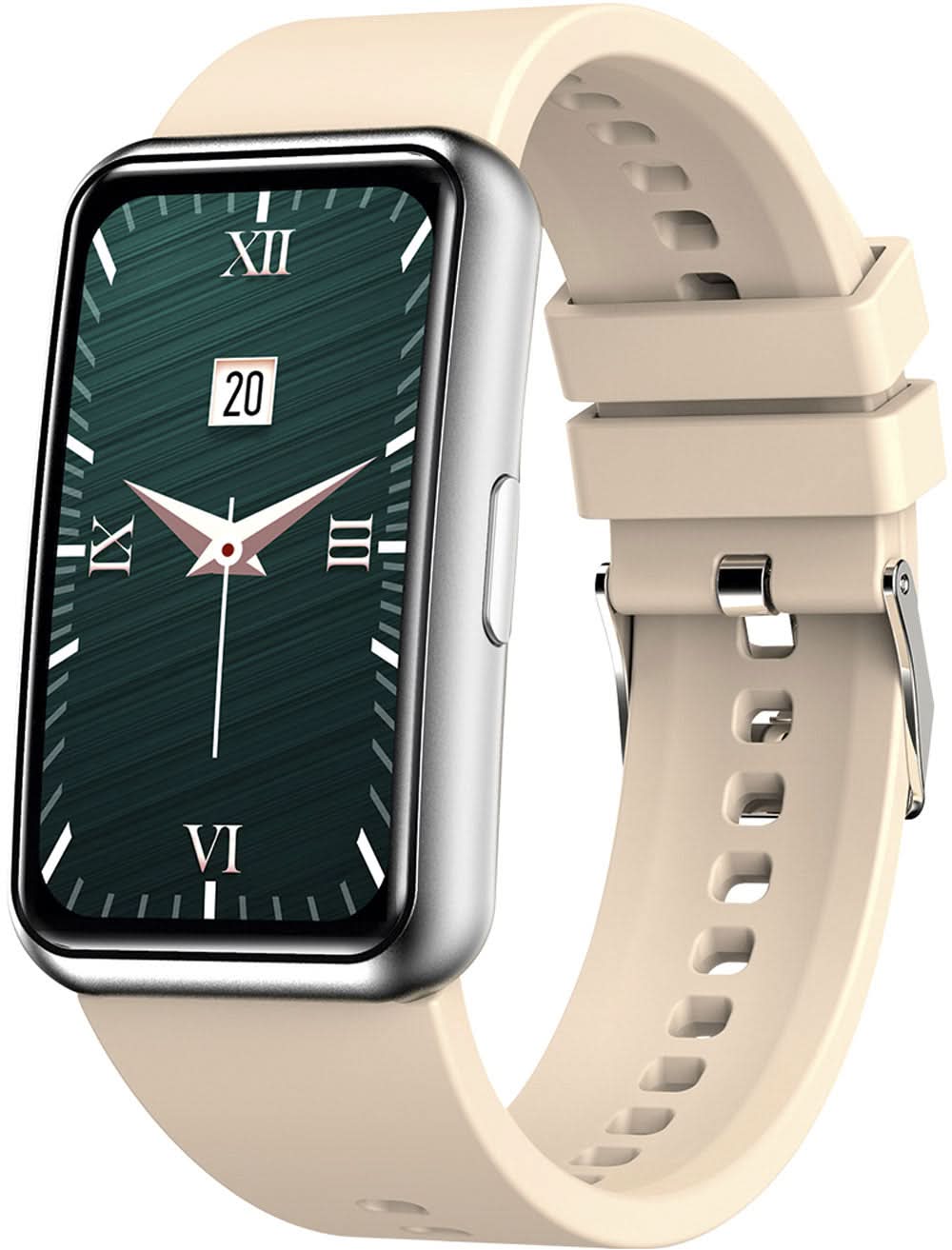 Smartwatch mit beigem Silikonarmband und grünem Zifferblatt, rechteckiges Display