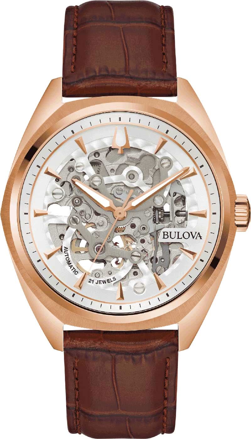 Herrenarmbanduhr mit skelettiertem Zifferblatt, Automatikwerk, braunes Lederband