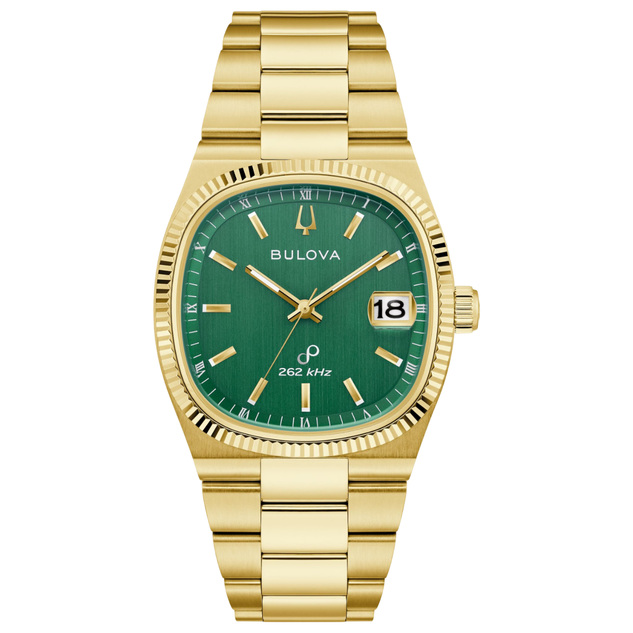 Bulova Herrenarmbanduhr: grünes Zifferblatt, goldfarbenes Metallband, Datumsanzeige 18