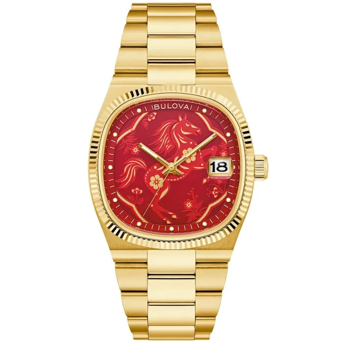 Herren-Armbanduhr mit goldenem Metallarmband, rotem Zifferblatt und Datumsfenster 18