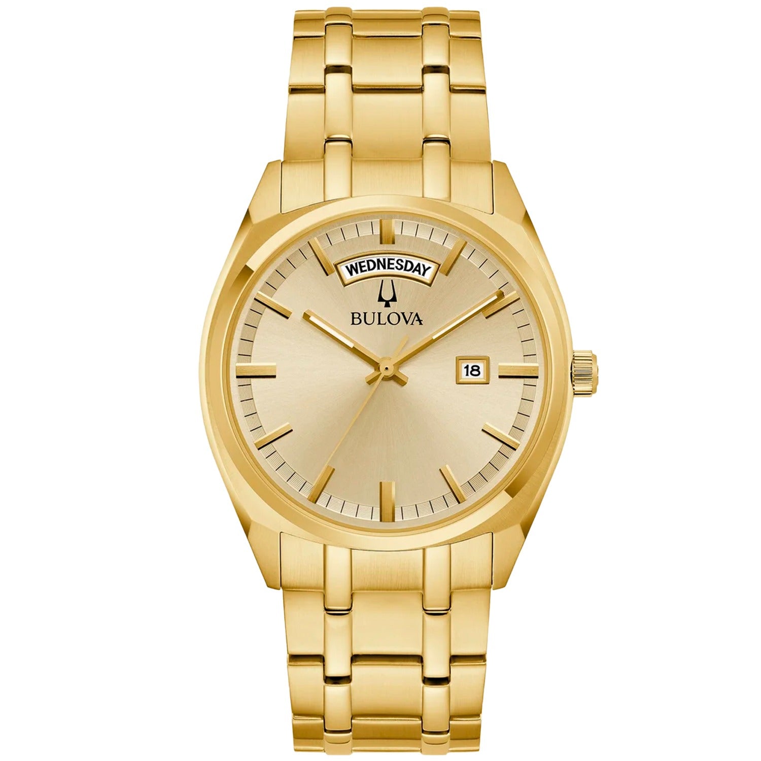 Bulova Herrenuhr mit goldenem Metallarmband, beigem Zifferblatt, Wochentag & Datum