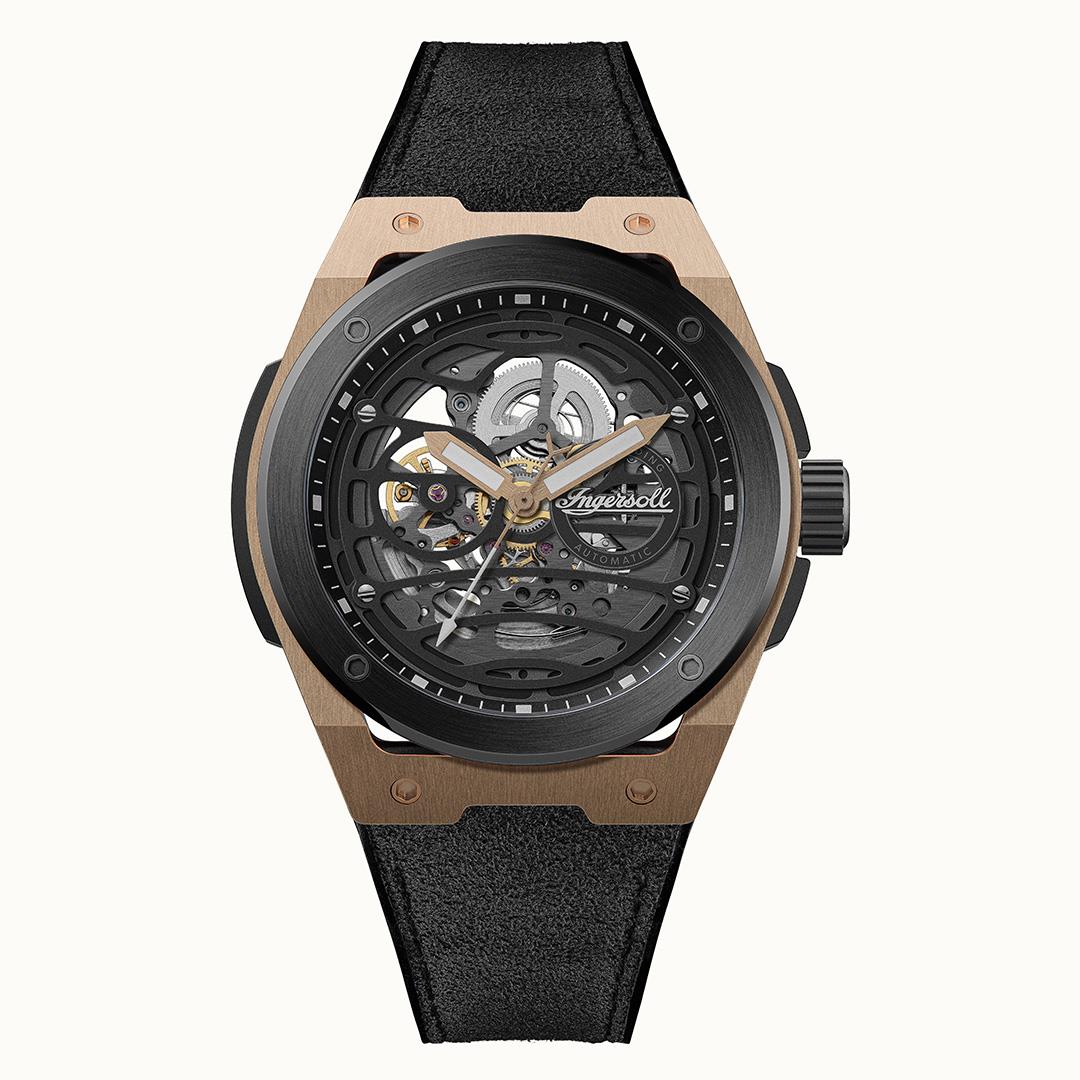 Herrenuhr mit schwarzem Lederarmband, skelettiertem Zifferblatt und Automatik-Mechanik