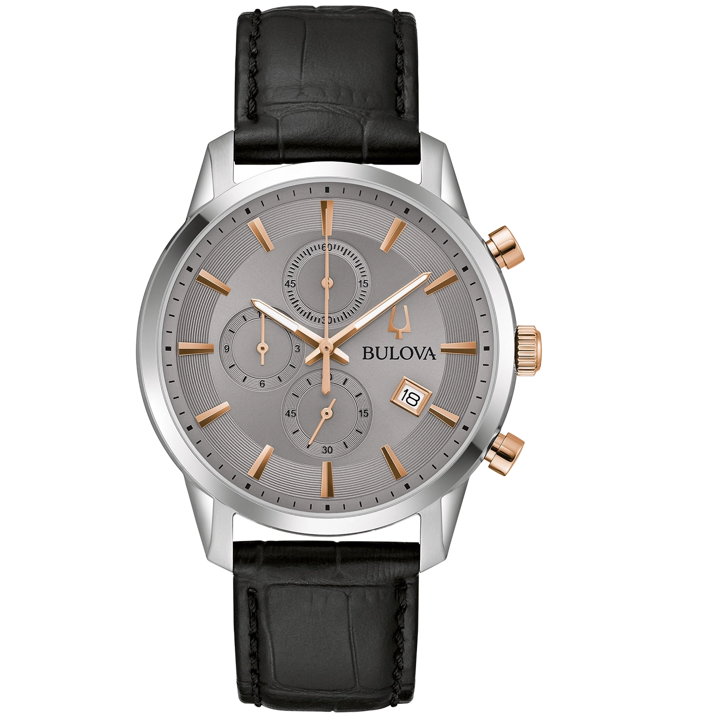 Herren-Chronograph-Uhr: graues Zifferblatt, Edelstahlgehäuse, schwarzes Lederarmband