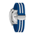 Montre chronographe pour homme de profil, bracelet en silicone bleu avec bande centrale blanche