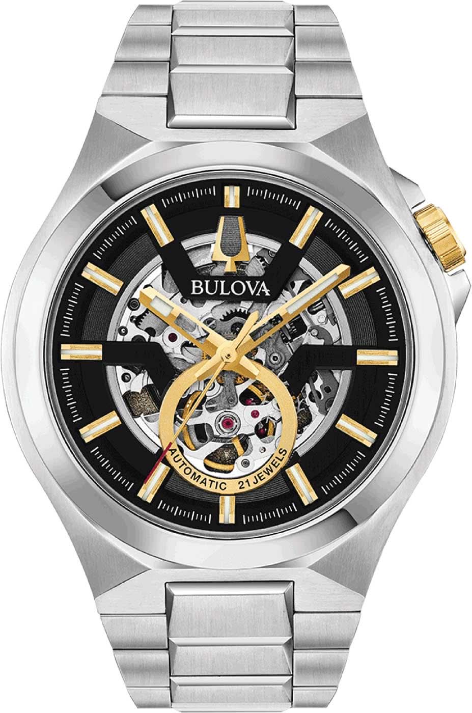 Bulova Automatikuhr mit silbernem Edelstahlarmband, schwarzem Zifferblatt und Open-Heart-Design
