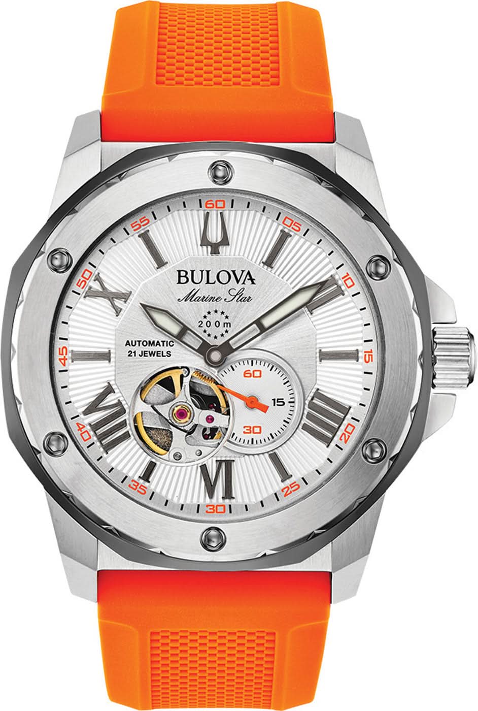 Montre Bulova Marine Star pour homme avec bracelet en silicone orange et cadran blanc