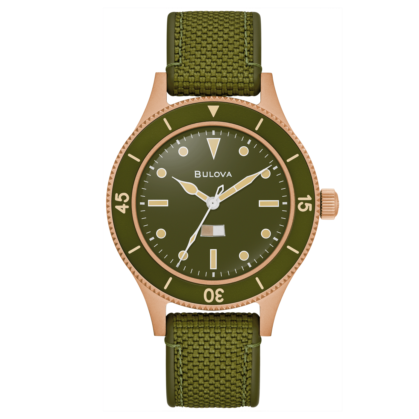 Bracelet de montre pour homme avec cadran vert, lunette en or rose et bracelet en textile vert