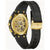Bulova Uhr-Rückseite mit goldfarbener Gehäuseplatte und schwarzem Armband