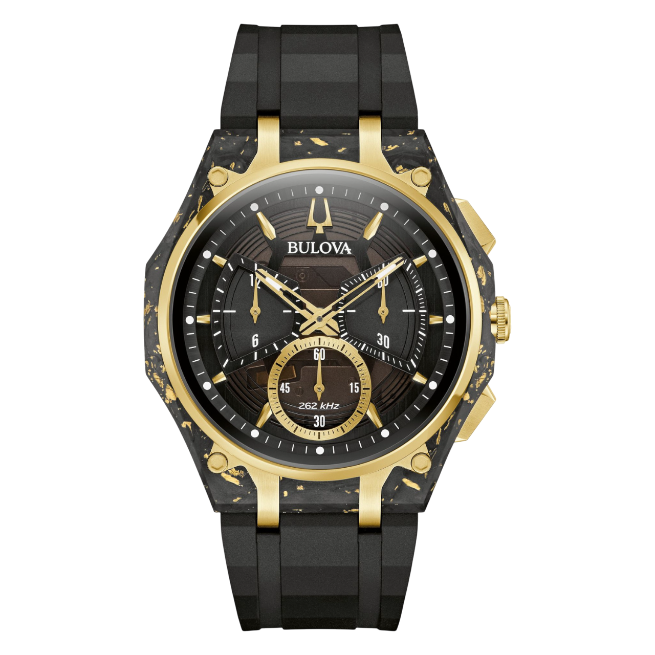 Herrenchronograph Bulova mit schwarzem Ziffernblatt, goldenen Akzenten und schwarzem Armband
