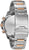 Dos d'une montre pour homme avec boîtier en acier inoxydable argenté et accents en or rose sur le bracelet