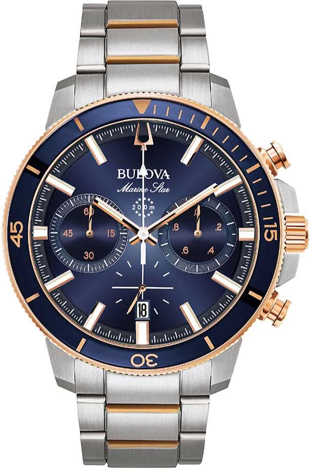 Chronographe pour homme avec cadran bleu, bracelet en acier inoxydable argenté et détails en or rose