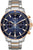 Chronographe pour homme avec cadran bleu, bracelet en acier inoxydable argenté et détails en or rose
