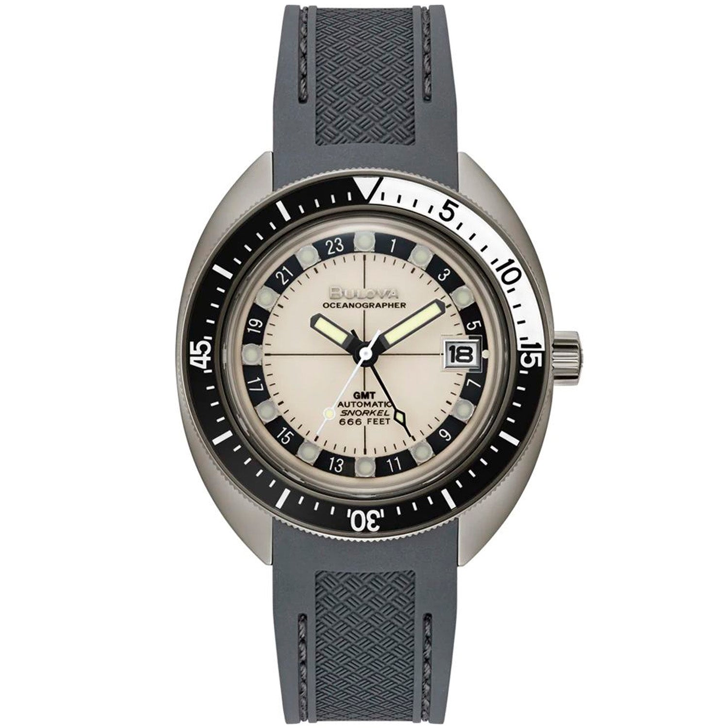 Herren-GMT-Automatik-Uhr mit dunklem Zifferblatt, grauem Textilband, Saphirglas