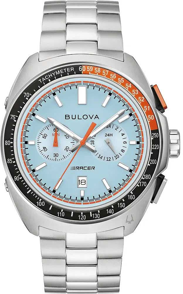 Bulova Herrenuhr mit silberfarbenem Metallband, blau-weißem Zifferblatt und orangefarbenem Akzent