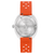 Montre Bulova pour homme, vue arrière avec bracelet orange et fond de boîtier gravé